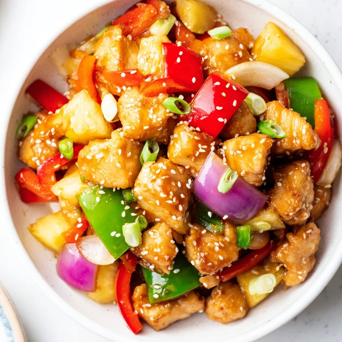 Colorful pineapple chicken stir fry with sweet chili sauce and toasted sesame seeds on a white plate.