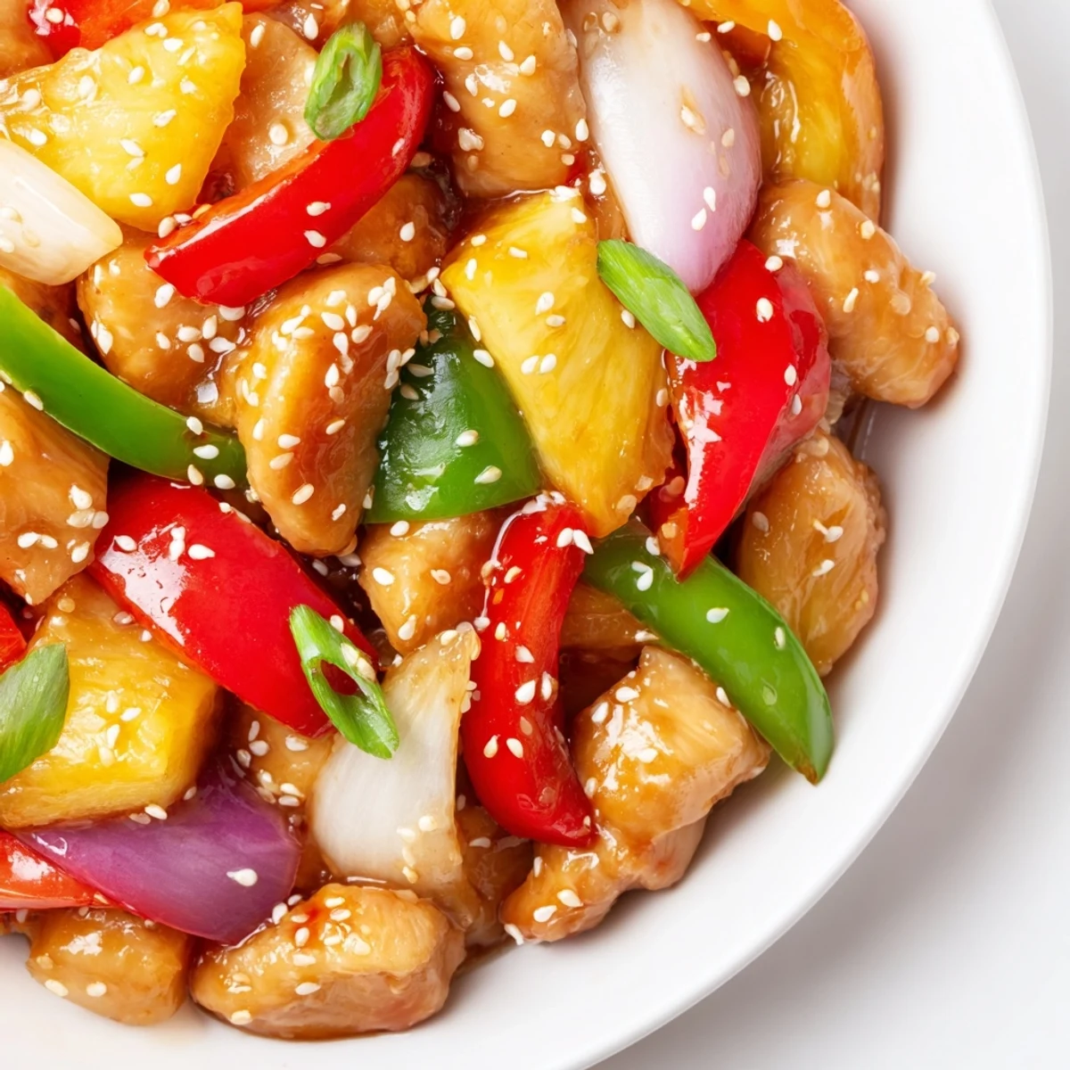 Homemade sweet chili pineapple chicken stir fry garnished with spring onions and sesame seeds for dinner.