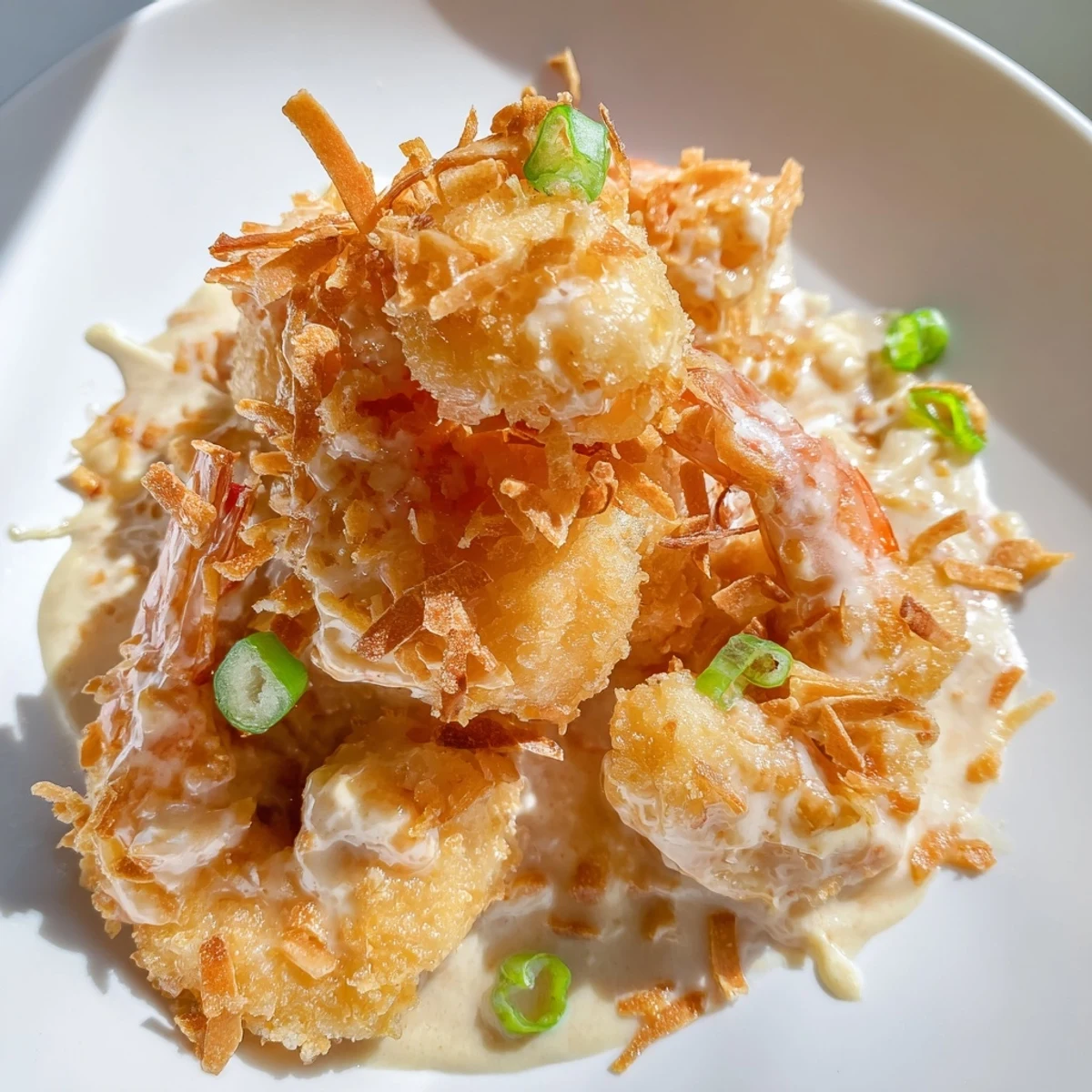 Golden crispy Chinese Coconut Shrimp piled high with toasted coconut flakes and fresh green onions, drizzled with creamy coconut sauce for a sweet and savory dinner.