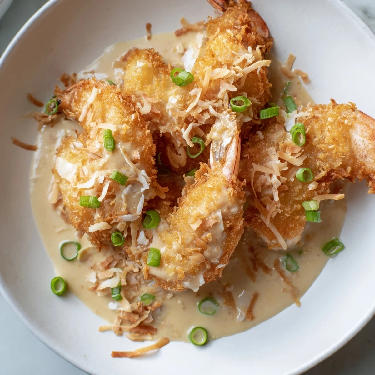 A close-up view of battered Chinese Coconut Shrimp coated in shredded coconut, served hot with a luscious coconut milk sauce perfect for a special appetizer.