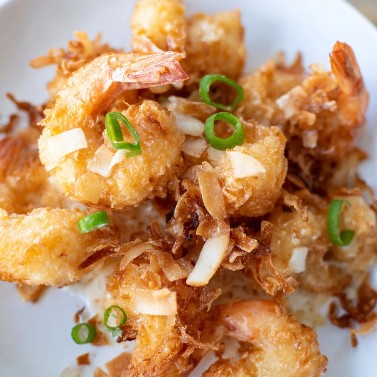 Sizzling Chinese Coconut Shrimp fresh from the fryer, tossed in a rich coconut sauce and garnished with toasted coconut and scallions on a dinner plate.