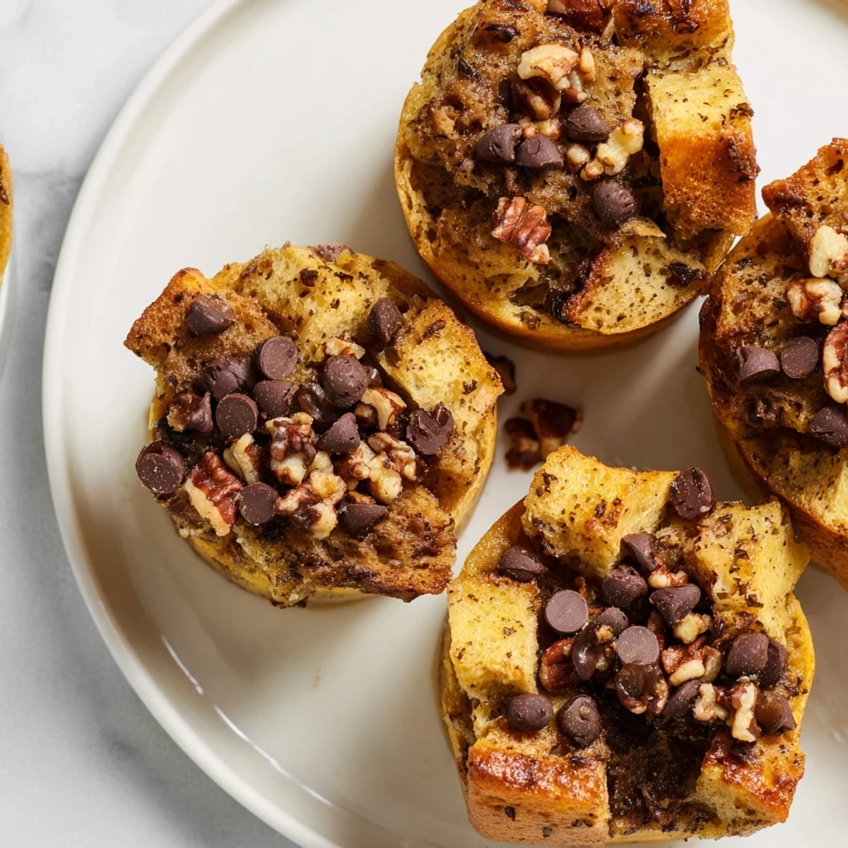 Freshly baked Protein French Toast Muffins with golden edges and a soft, custardy interior are displayed on a white plate.
