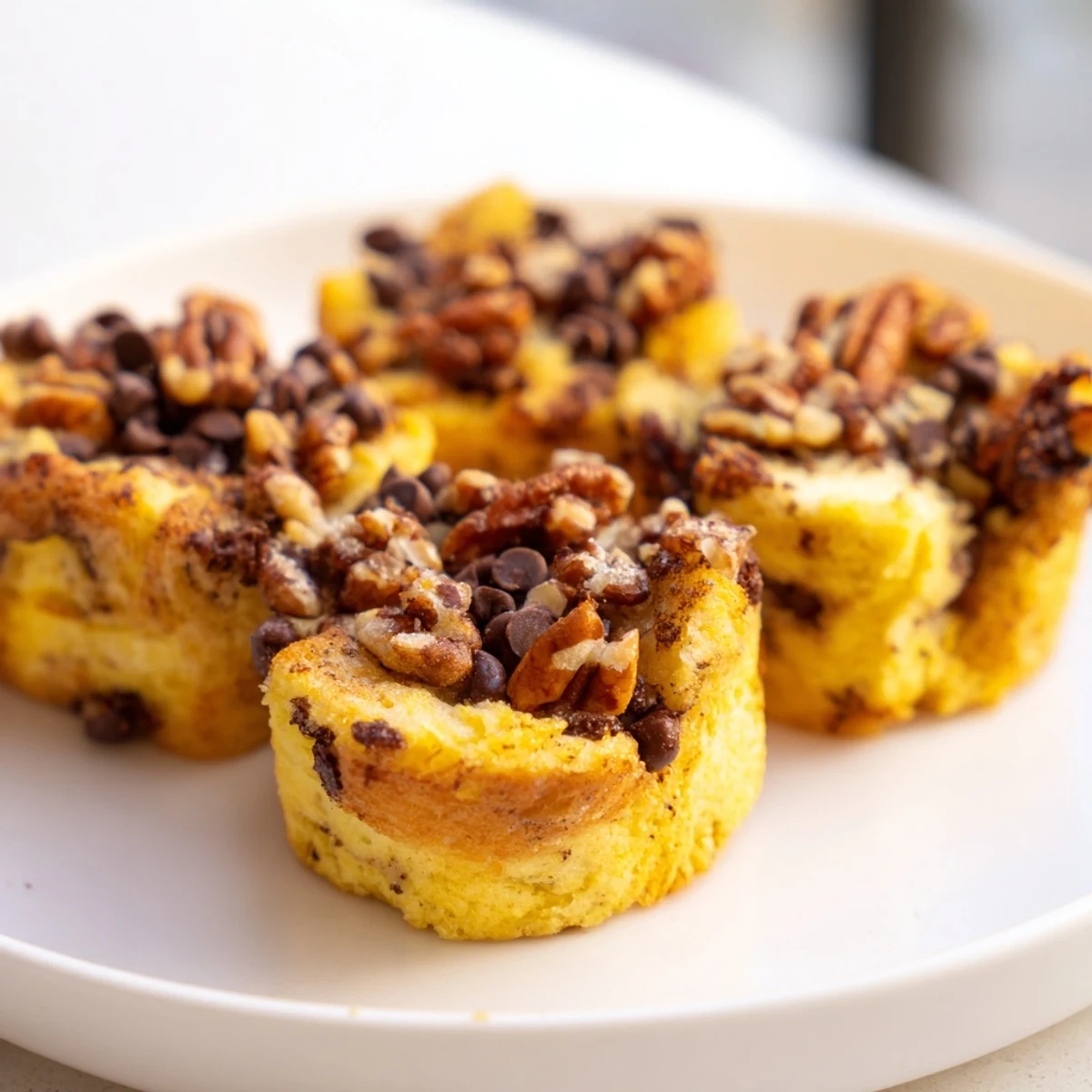 Warm Protein French Toast Muffins topped with chopped pecans and fresh berries are ready for a high-protein breakfast on the go.