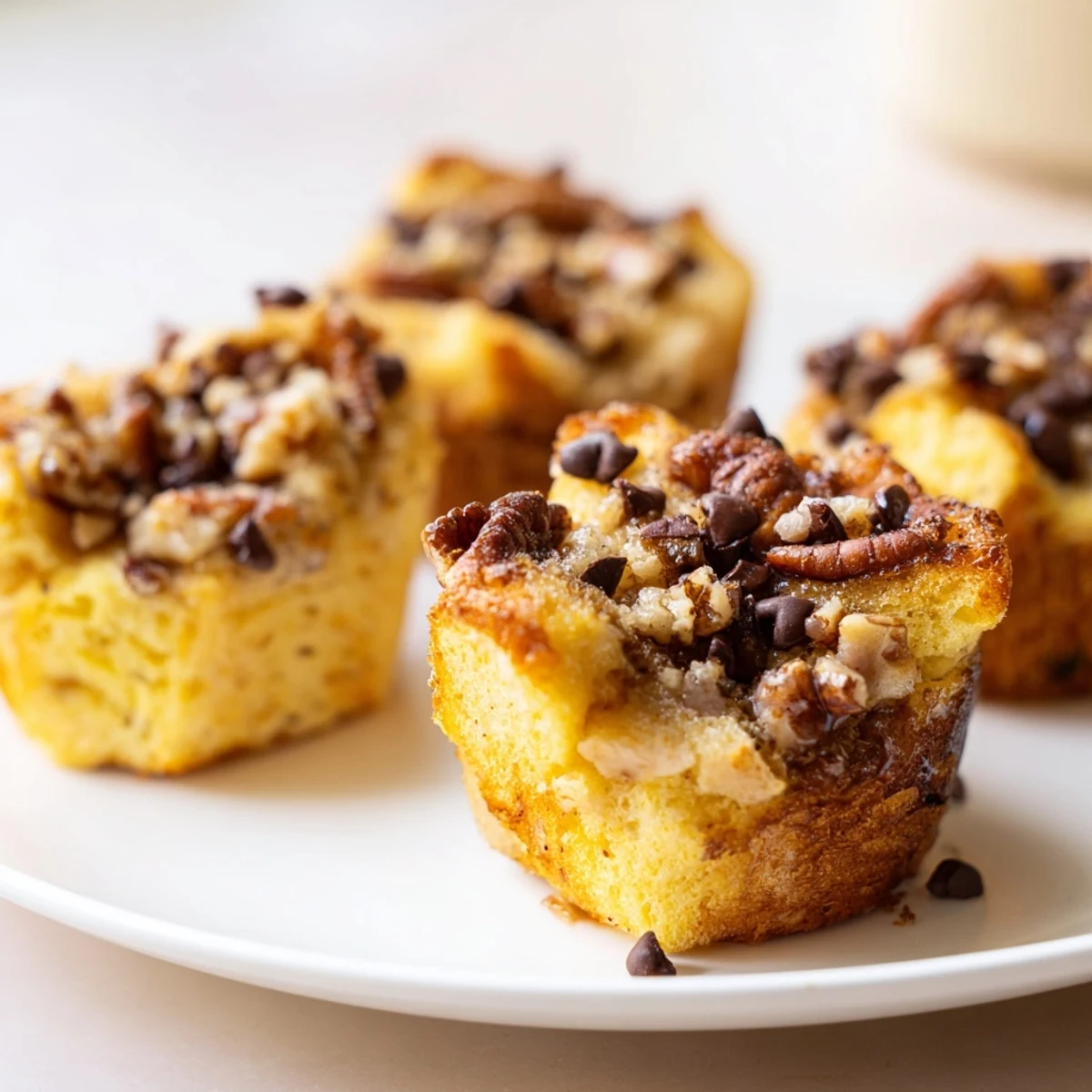 A close-up of Protein French Toast Muffins reveals a moist, cinnamon-scented crumb with maple syrup drizzled over the top.