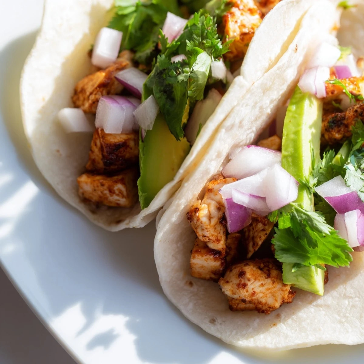 Golden-brown seasoned chicken pieces nestled in soft, warm corn tortillas topped with diced onion and cilantro for Chicken Street Tacos.