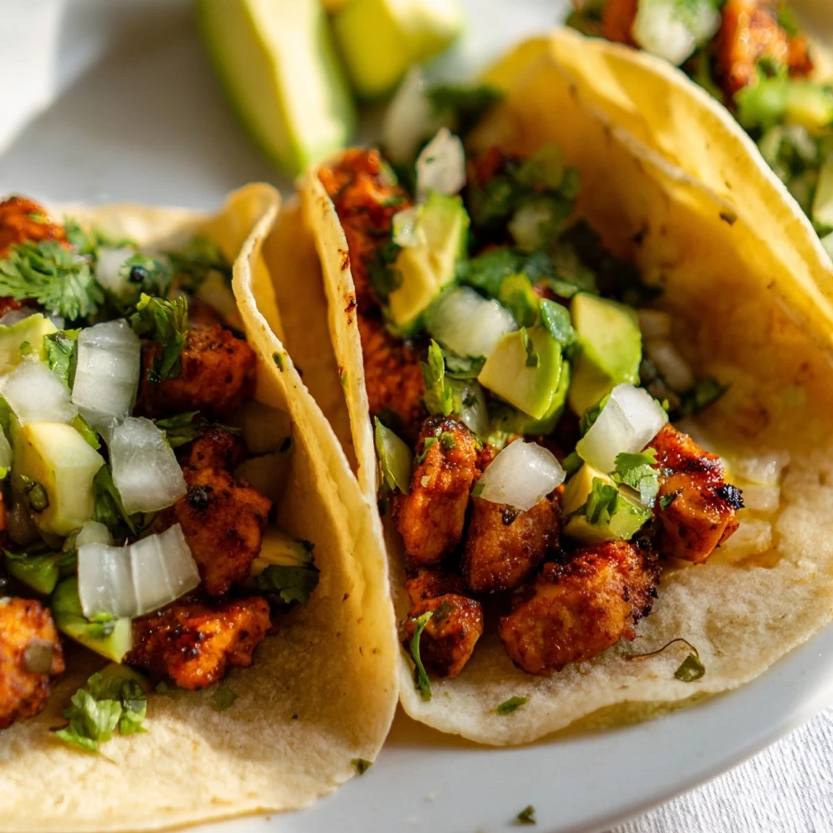 Close-up view of grilled Chicken Street Tacos garnished with creamy avocado slices and a squeeze of fresh lime on a rustic plate.