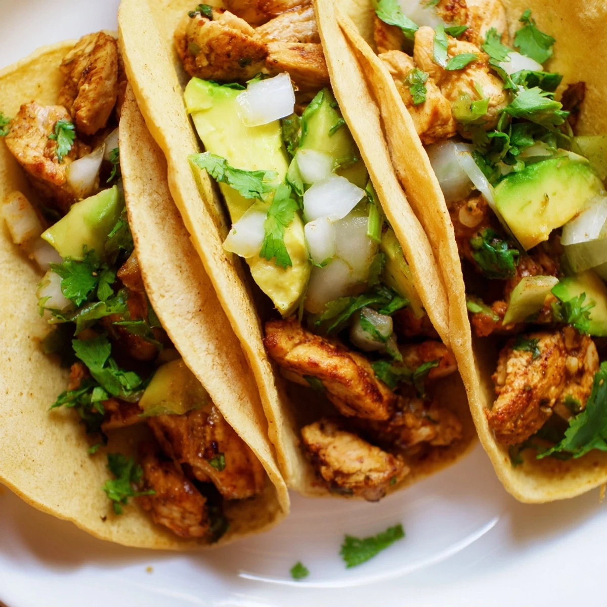 A vibrant plate of Chicken Street Tacos ready to serve, featuring tender meat and colorful toppings on charred corn tortillas.