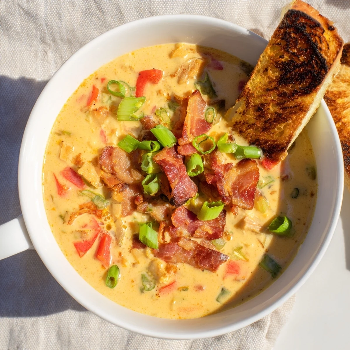 Creamy spicy Spicy Jalapeño Popper Soup With Grilled Cheese Dippers garnished with green onions, served in a rustic bowl.