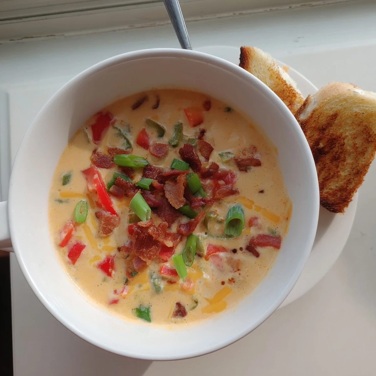 A bowl of Spicy Jalapeño Popper Soup With Grilled Cheese Dippers steaming beside crispy, golden grilled cheese strips for dipping.