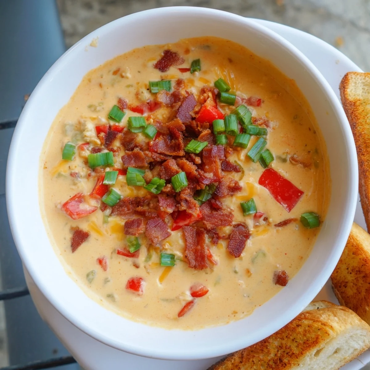 Close-up of velvety Spicy Jalapeño Popper Soup With Grilled Cheese Dippers with melted cheddar and jalapeño flecks on top.