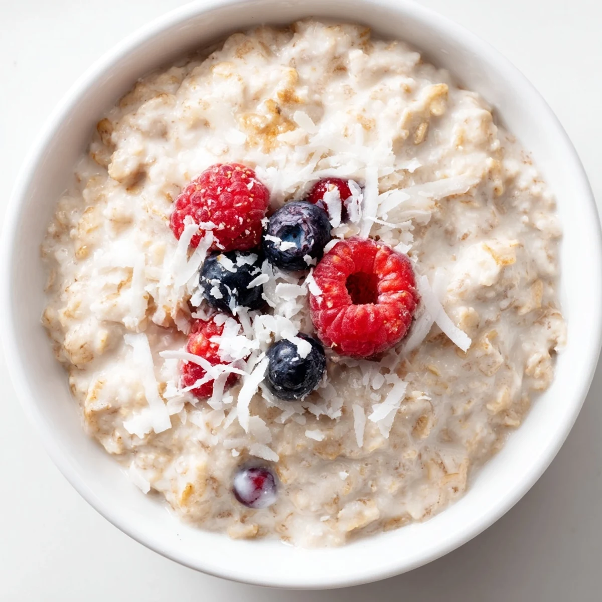 Creamy Tasty Coconut Cream Oats simmering in a saucepan, topped with fresh berries for a warm breakfast.