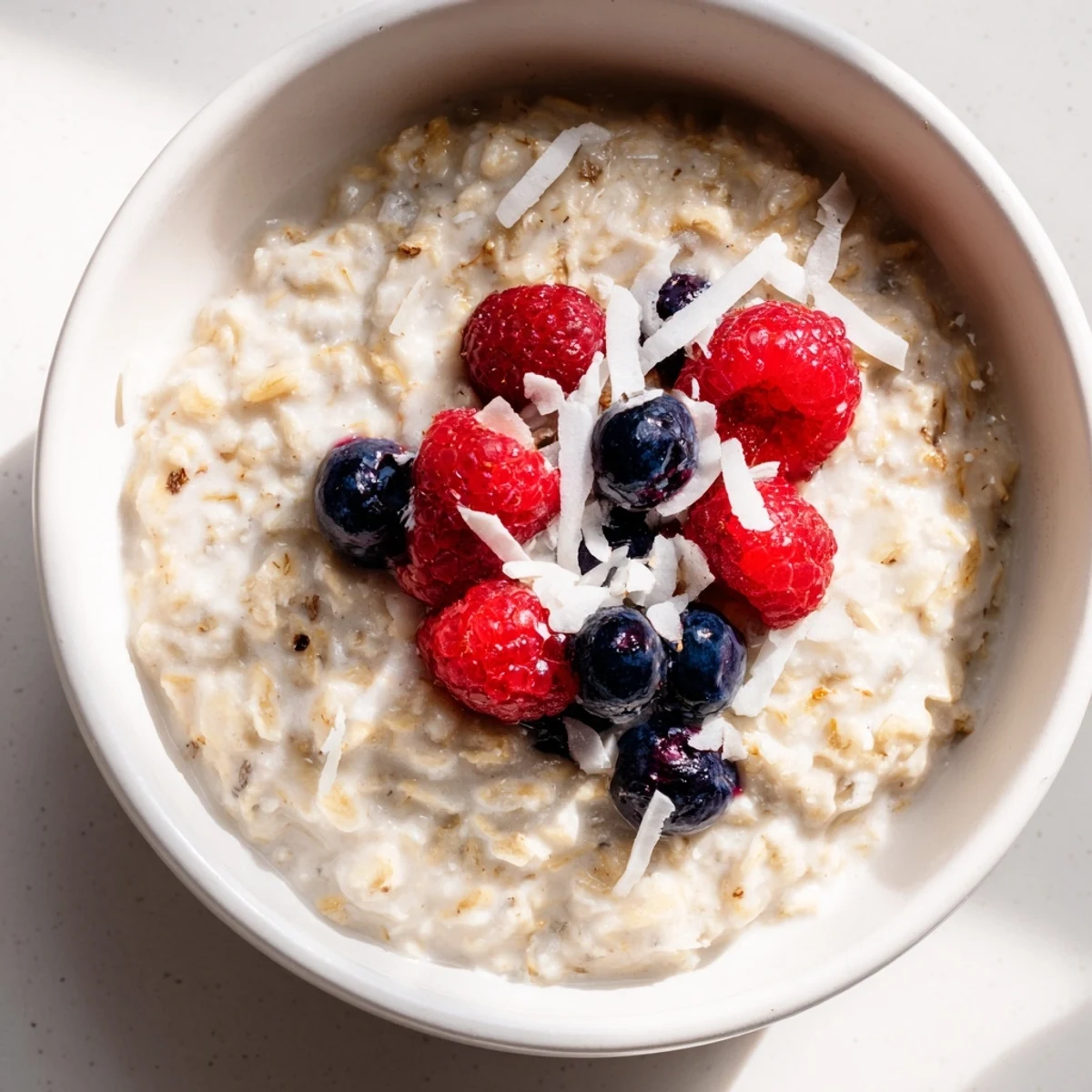 A bowl of Tasty Coconut Cream Oats with shredded coconut, chia seeds, and a drizzle of maple syrup.