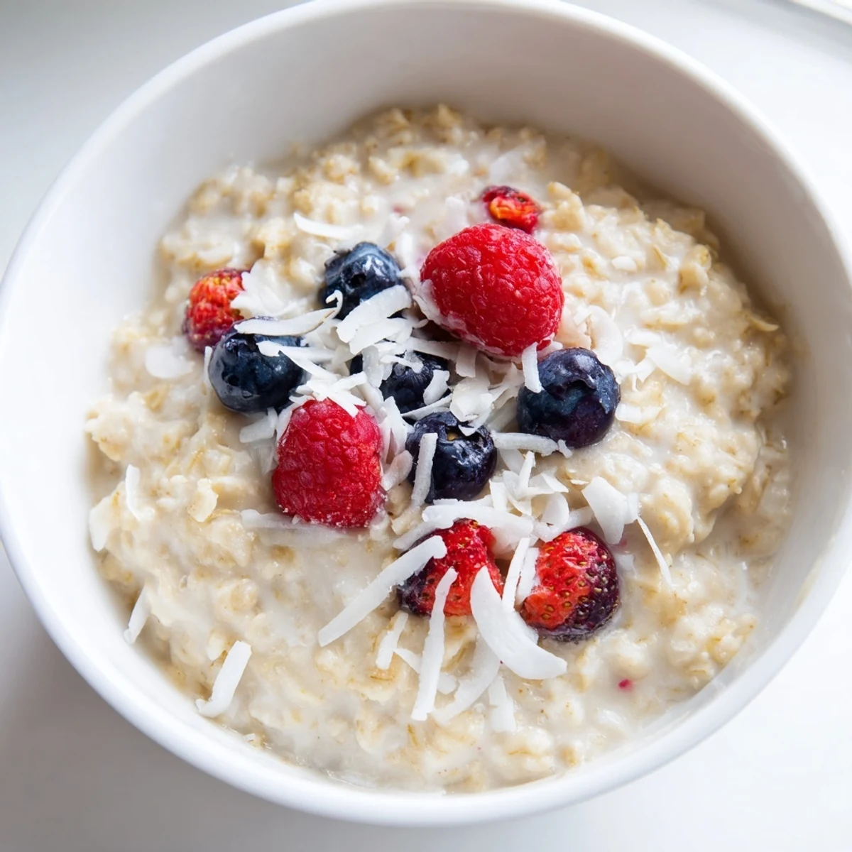 Tasty Coconut Cream Oats served in a rustic bowl with toasted flakes and a side of fresh fruit.