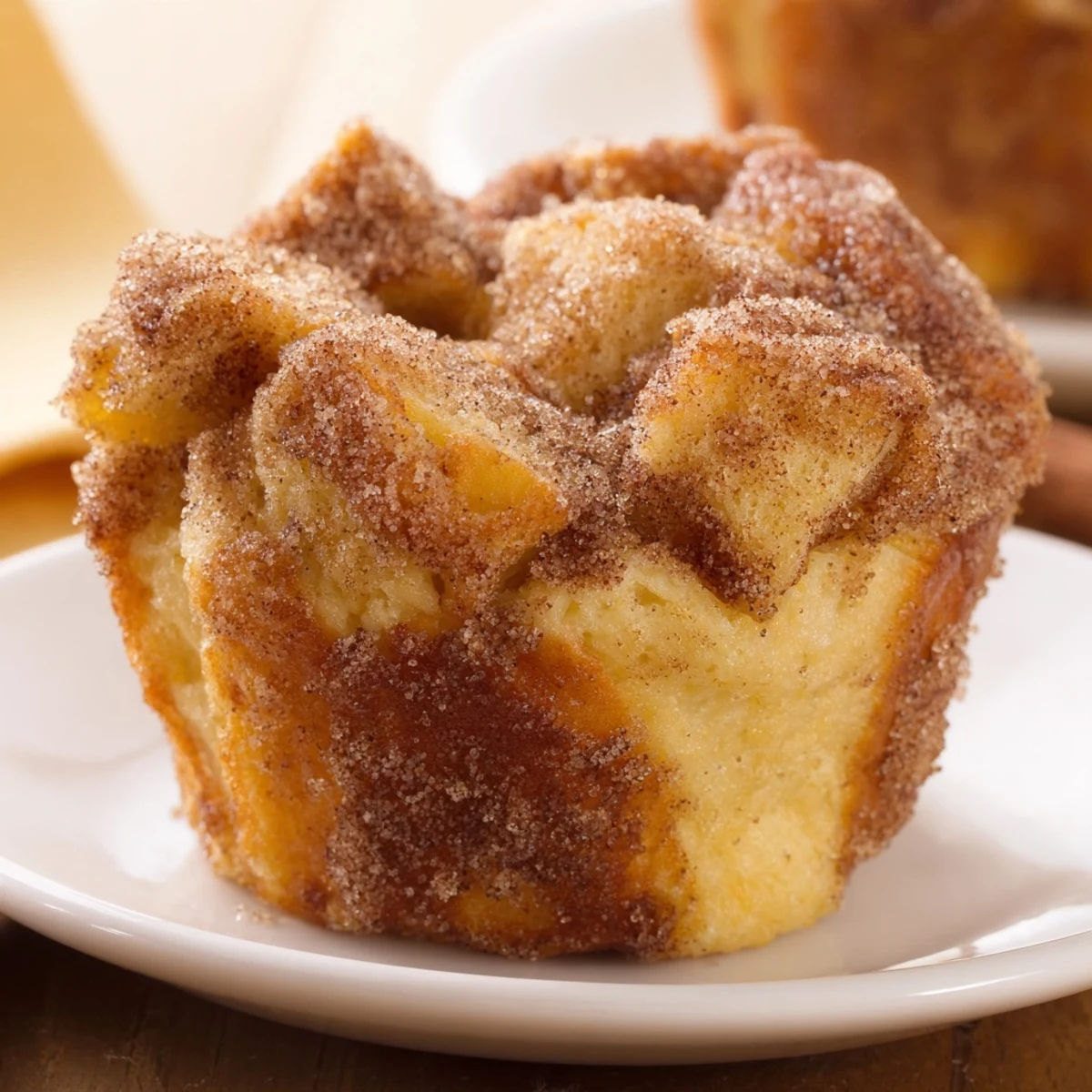 Freshly baked Cinnamon Sugar French Toast Muffins sit in a muffin tin, golden brown and steaming.
