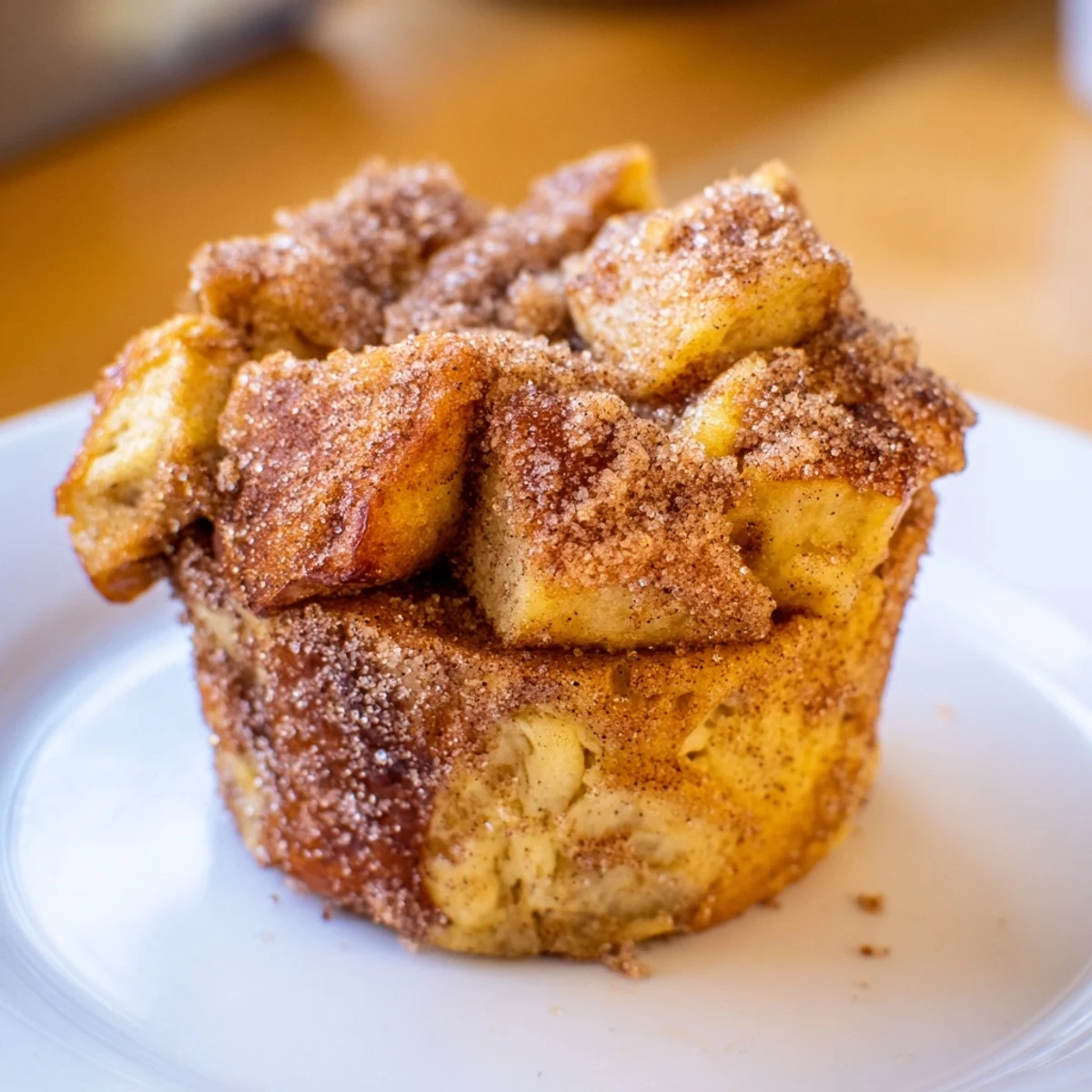 Cinnamon Sugar French Toast Muffins glisten with cinnamon sugar glaze on a white plate, topped with fresh berries.