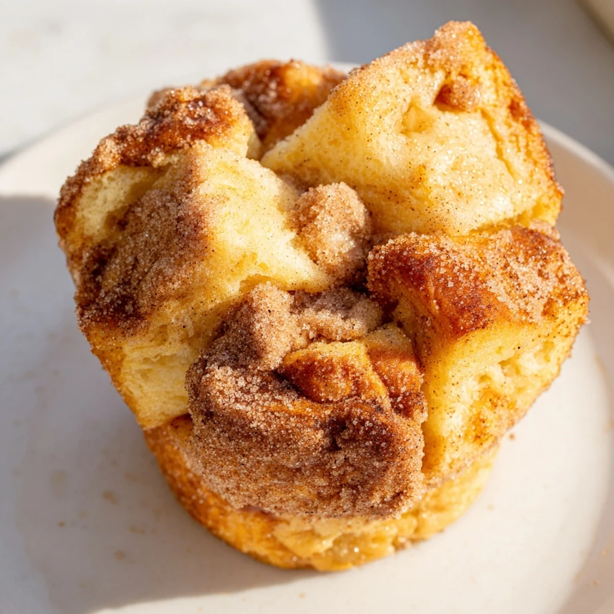 A close-up of Cinnamon Sugar French Toast Muffins reveals a soft, custardy interior and a crunchy sugar coating.