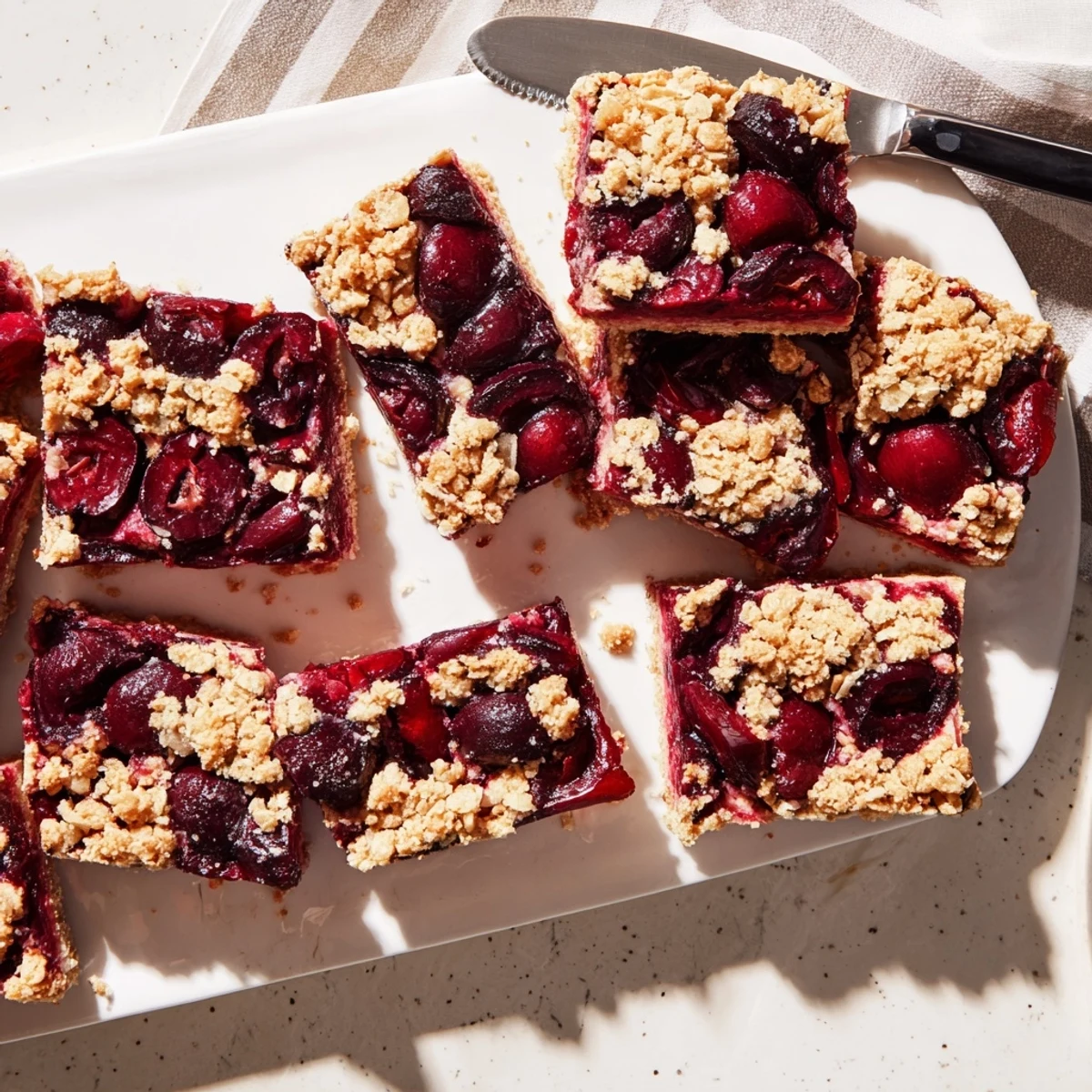 A close-up of Easy Tasty Cherry Crumble Bars showing golden baked oats over ruby-red cherry filling.
