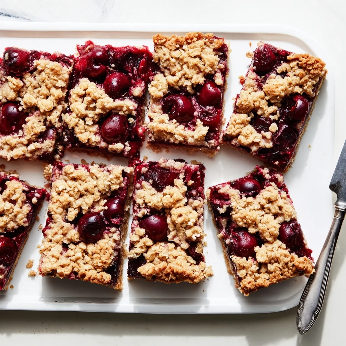 Easy Tasty Cherry Crumble Bars on a wooden board, oven-warm with bubbling cherries and oat crumble.