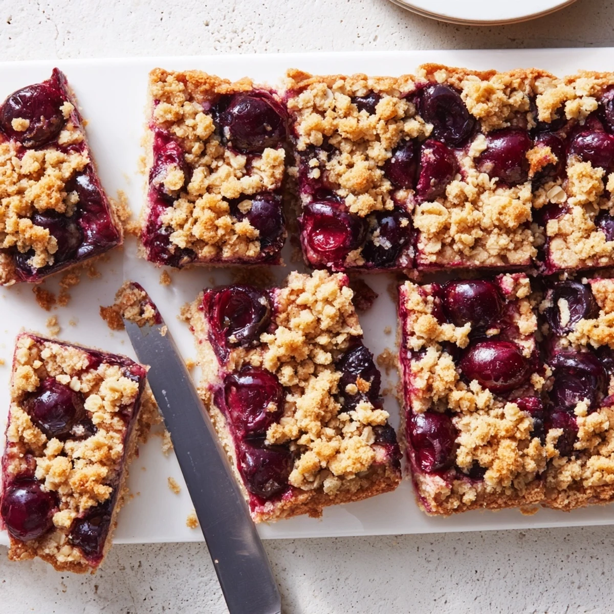 Sliced Easy Tasty Cherry Crumble Bars with crumbly texture on a rustic plate, served for dessert.