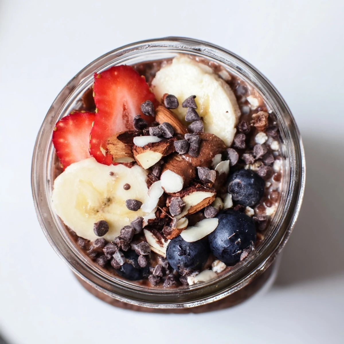 Creamy chocolate oats topped with banana slices, nuts, and mini chocolate chips in a clear jar.