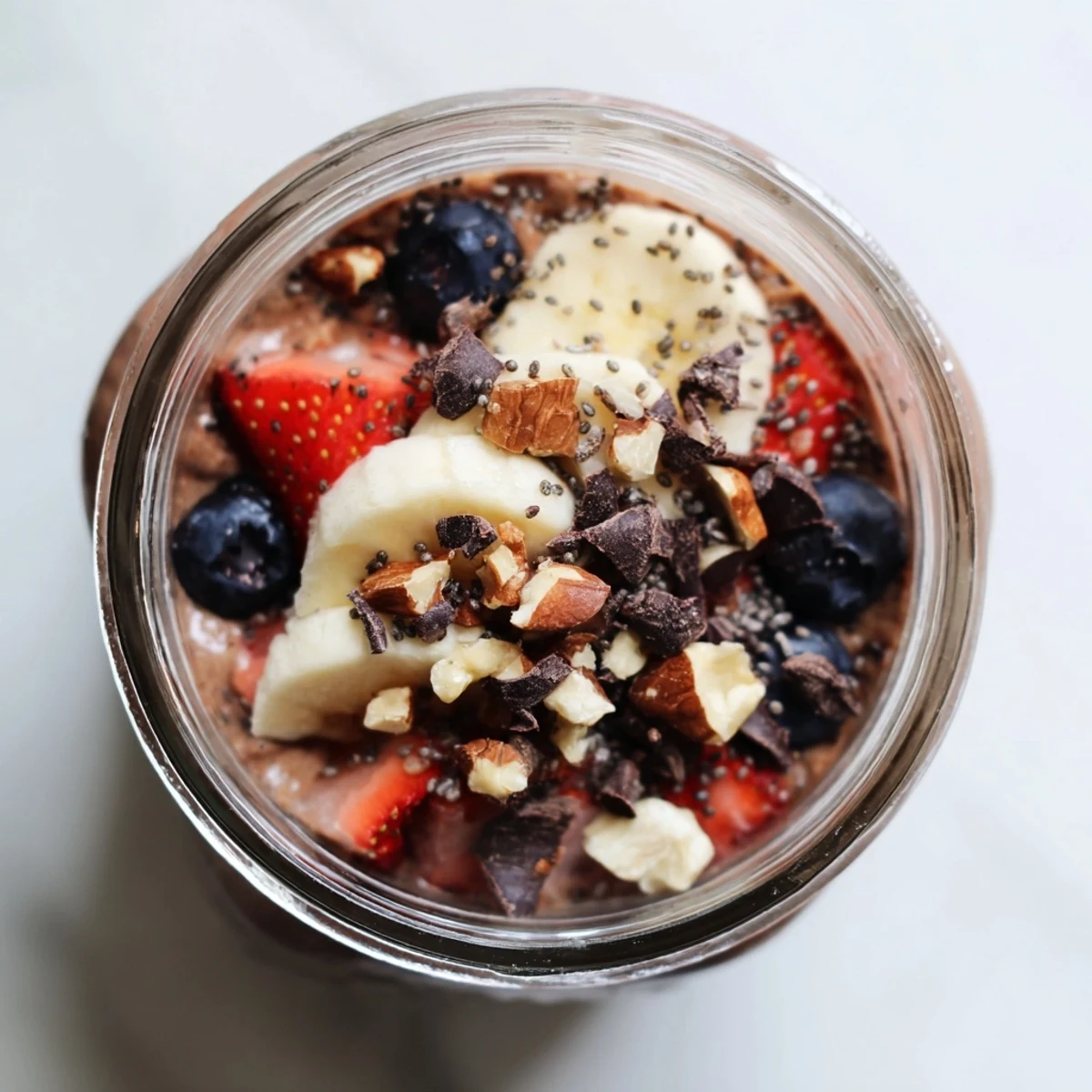 Ultimate Healthy Chocolate Overnight Oats prepared in a mason jar with a spoon resting beside it.