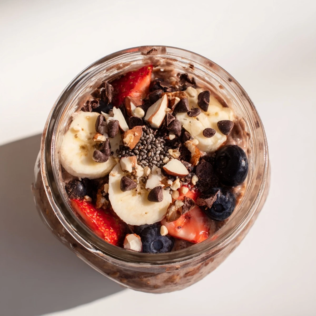 Ultimate Healthy Chocolate Overnight Oats jar on a marble surface with fresh berries and scattered chopped nuts.