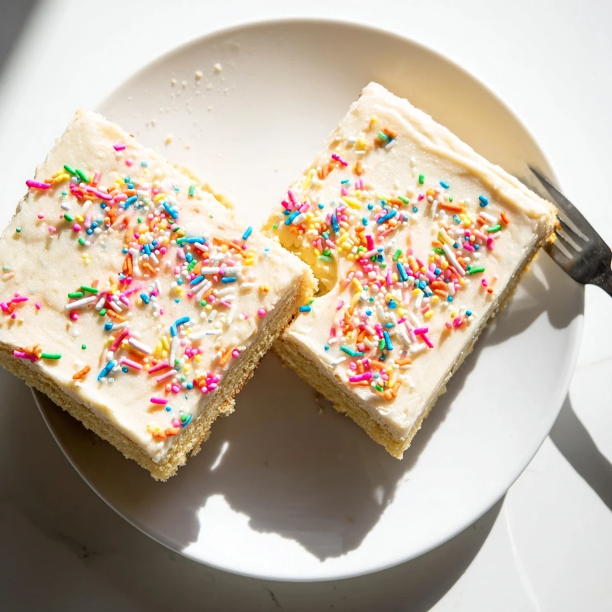 Sugar Cookie Bars on a plate with creamy frosting and festive sprinkles for a party dessert.
