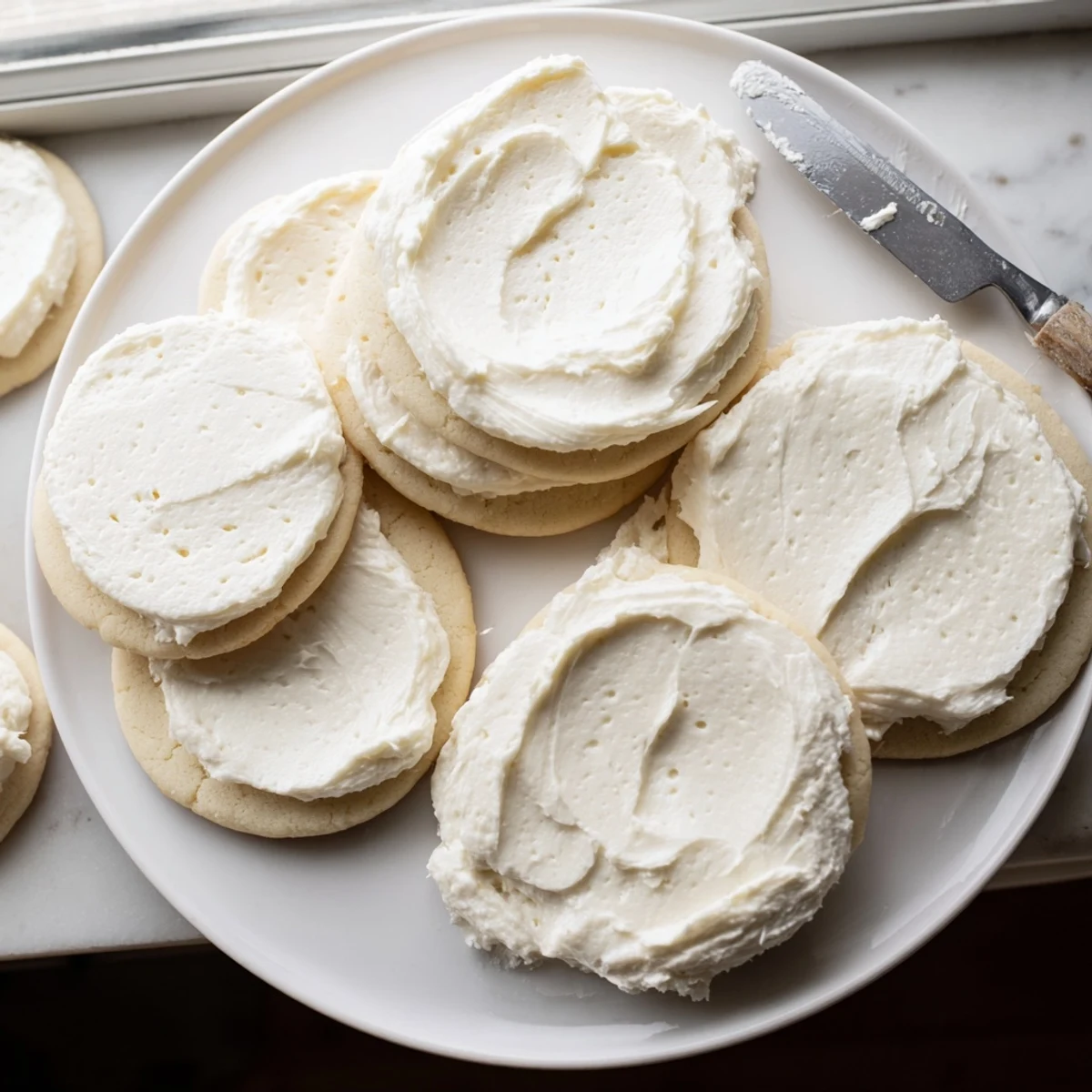 A bowl of Easy Sugar Cookie Frosting is ready to decorate colorful sugar cookies on a baking sheet.