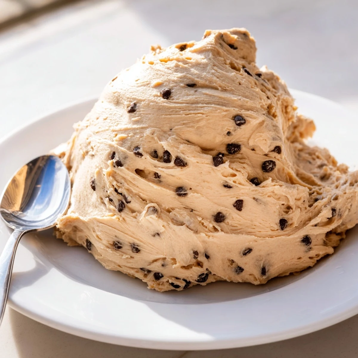 A bowl of creamy Cookie Dough Frosting with mini chocolate chips ready for frosting cupcakes.