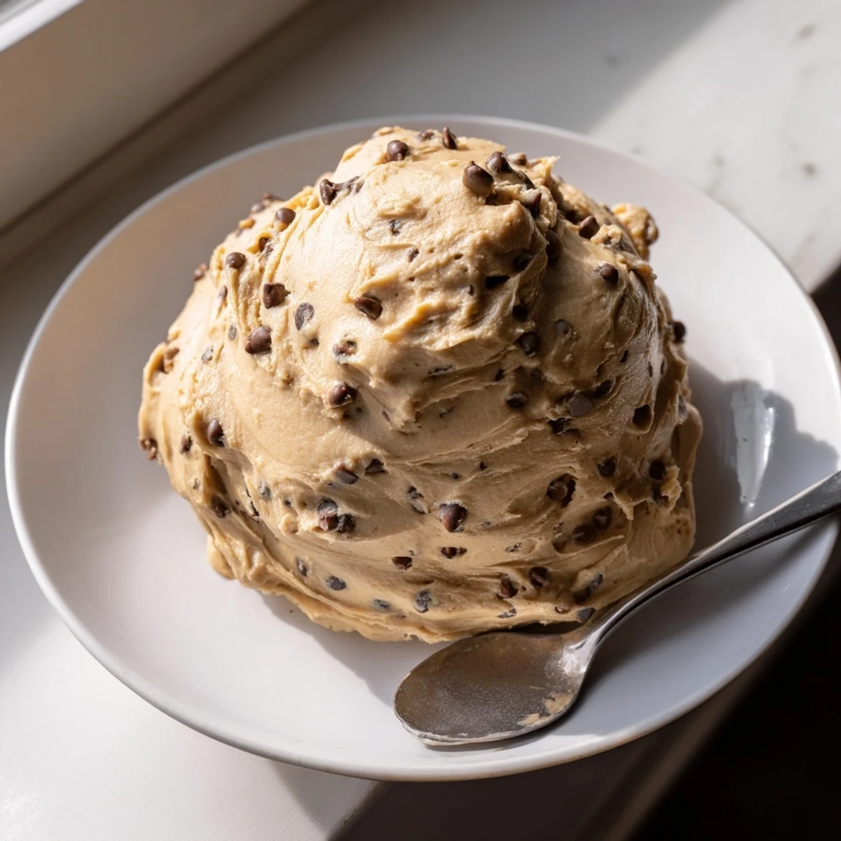 This thick Cookie Dough Frosting is perfect for spreading on a moist chocolate cake slice.