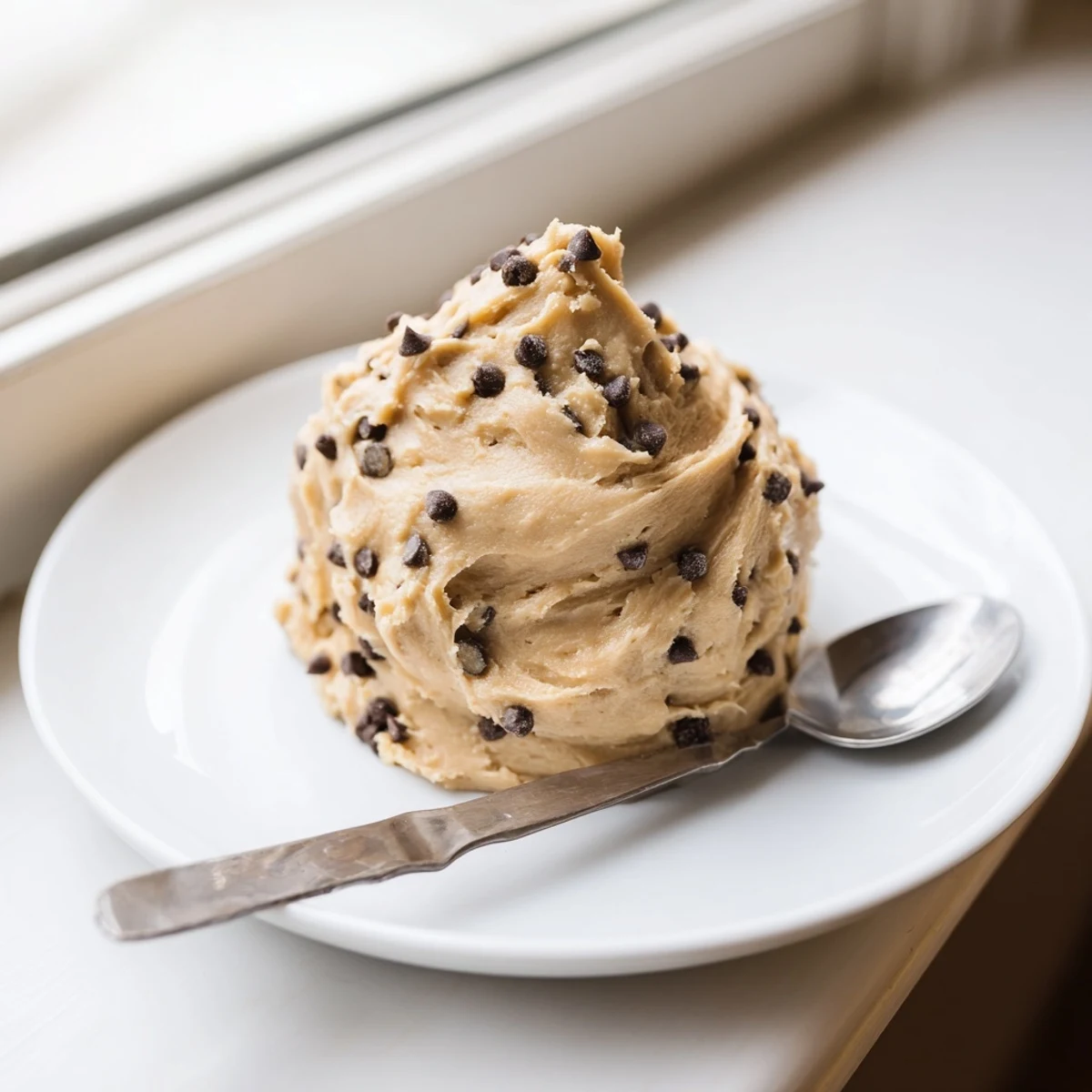 Close-up of soft Cookie Dough Frosting with visible flour texture and vanilla aroma implied.