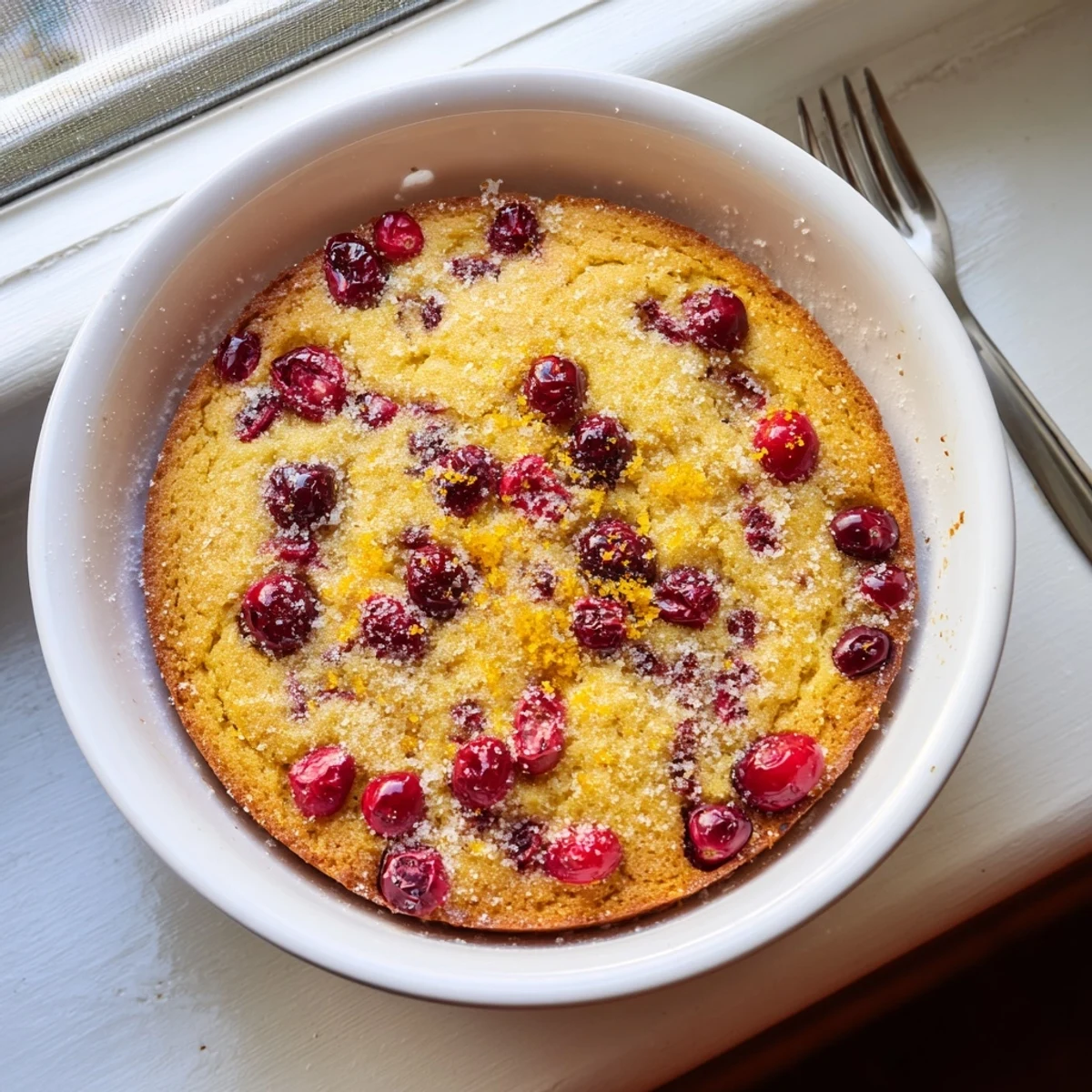 Moist cranberry cake with tart berries and buttery crumb, dusted with powdered sugar and ready to slice for holiday dessert.