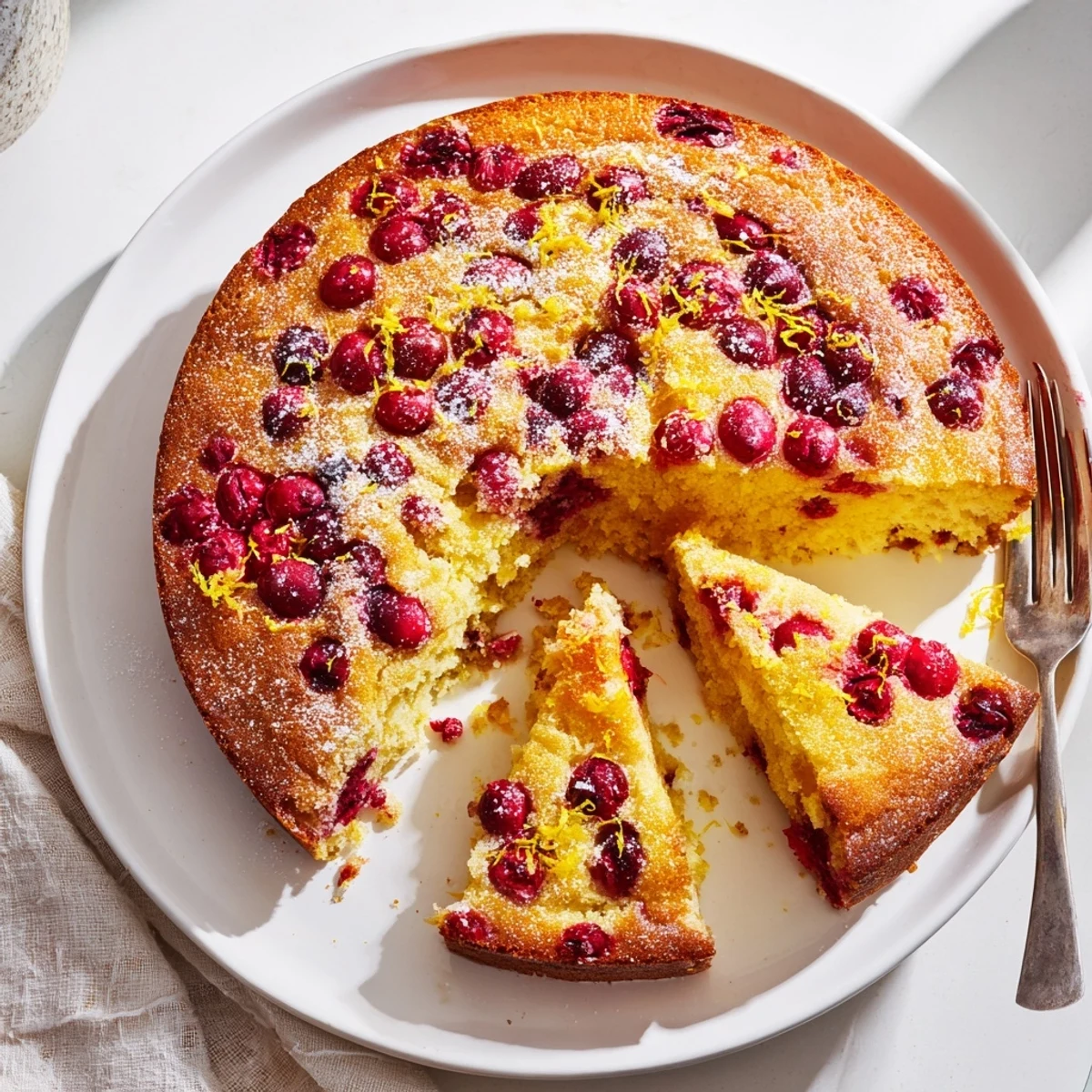 Golden cranberry cake with orange zest topping, served warm with whipped cream for a cozy American dessert.