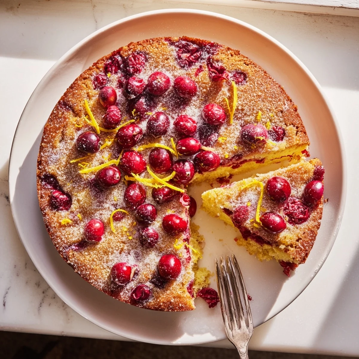 Freshly baked cranberry cake shows ruby berries in tender crumb, paired with coffee on a festive table.