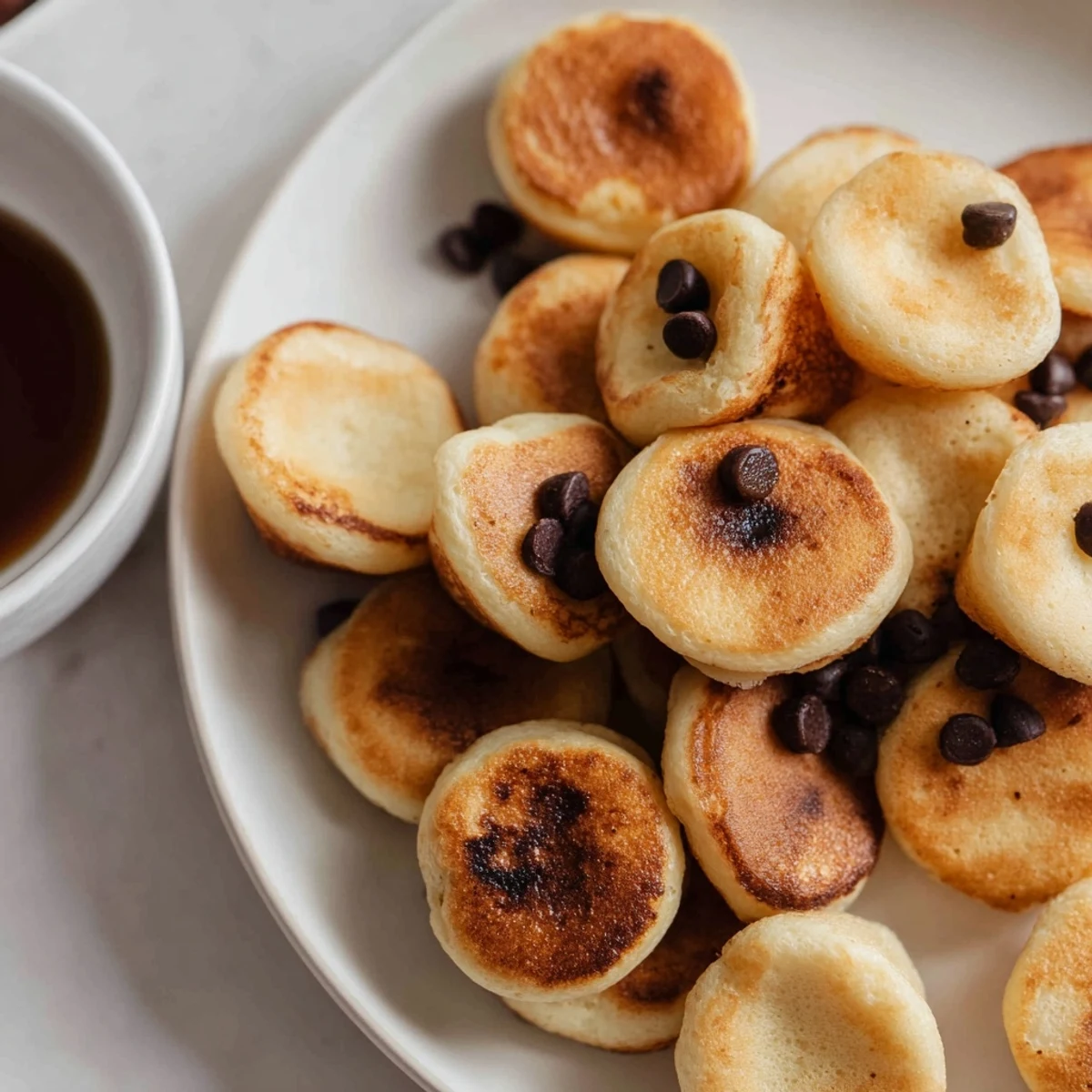 Golden-brown Pancake Poppers dusted with powdered sugar on a white plate, ready for dipping.