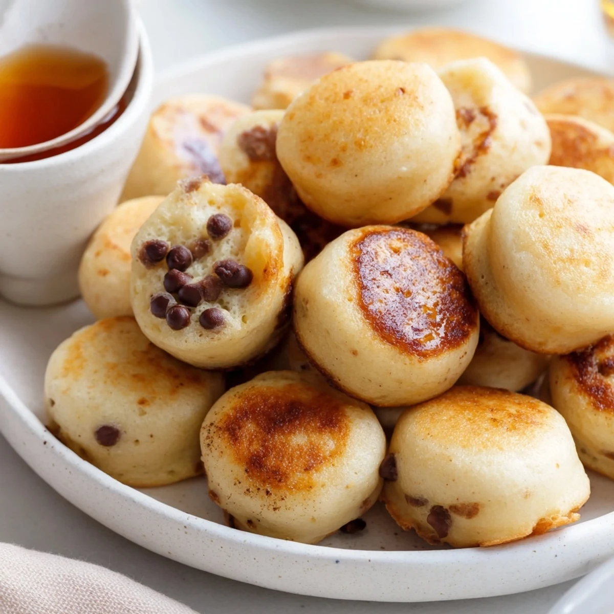 Stainless steel tray of freshly baked mini Pancake Poppers with blueberries and a side of yogurt.