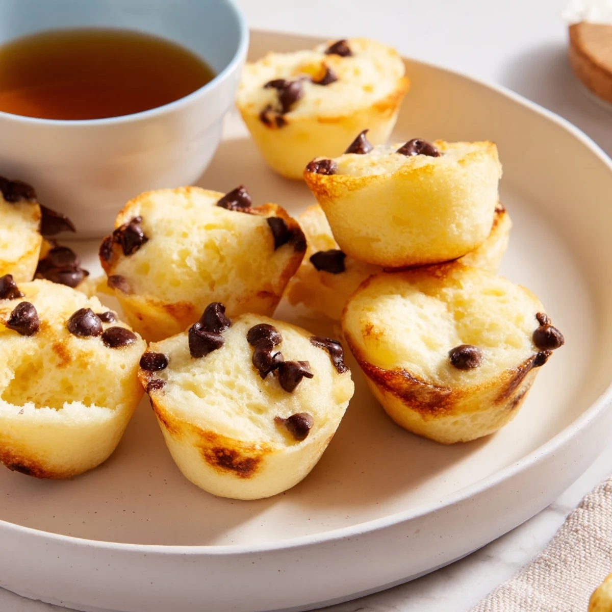 A close-up of fluffy Pancake Poppers drizzled with maple syrup and melted chocolate chips.