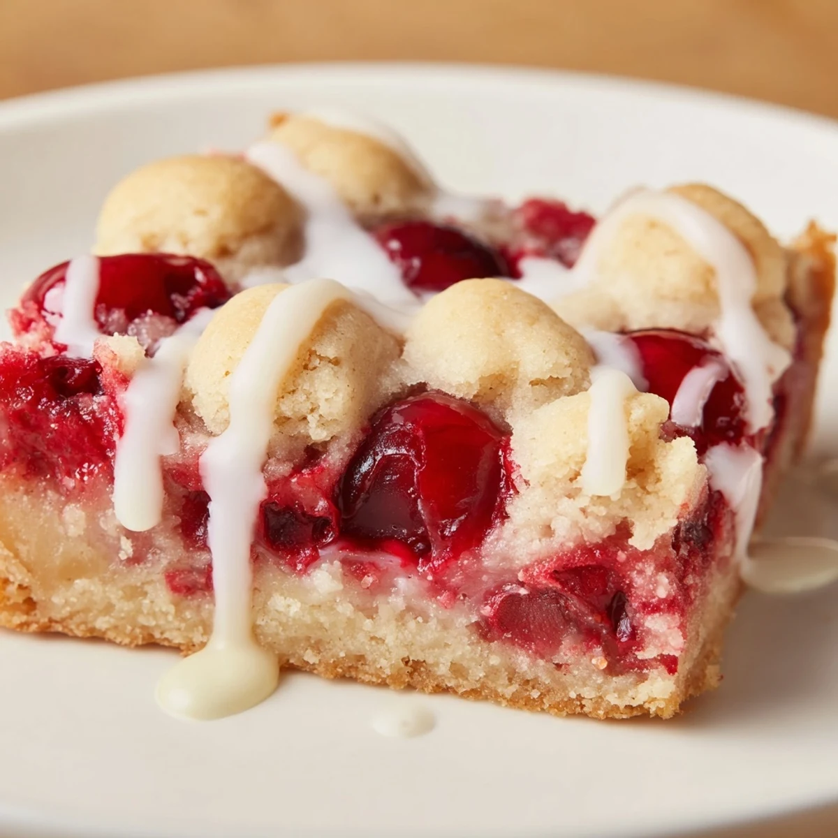 Golden-brown Easy Cherry Pie Bars with glossy red cherry filling peeking through a crumbly buttery crust and sweet white glaze drizzle.