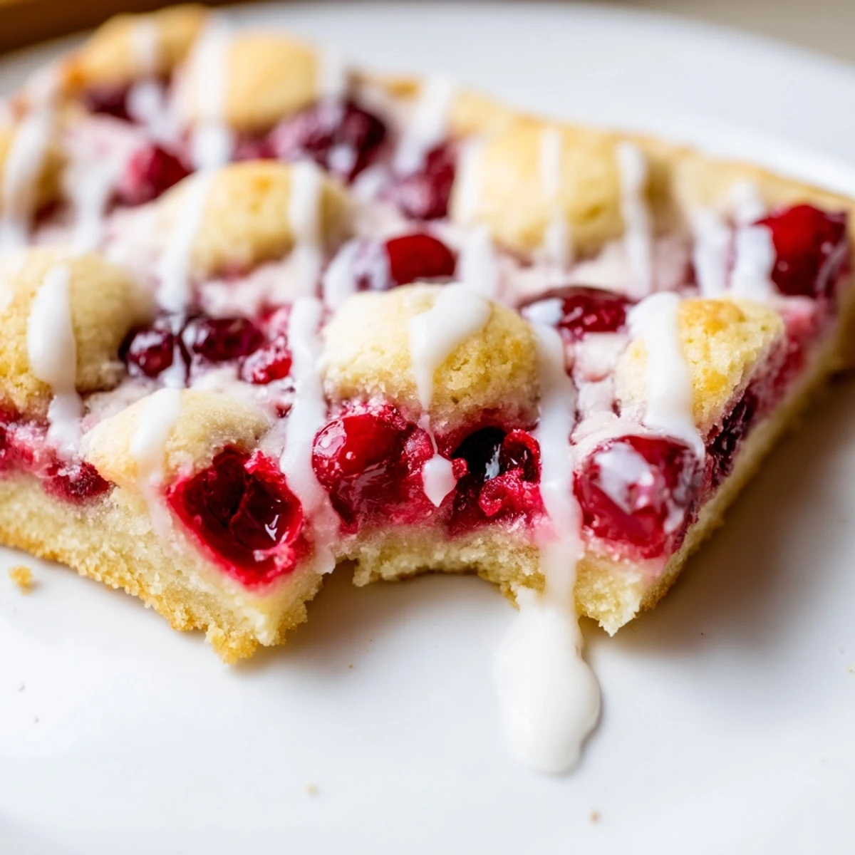 A warm slice of Easy Cherry Pie Bars shows gooey cherry filling nestled between tender crumb layers on a wooden board.