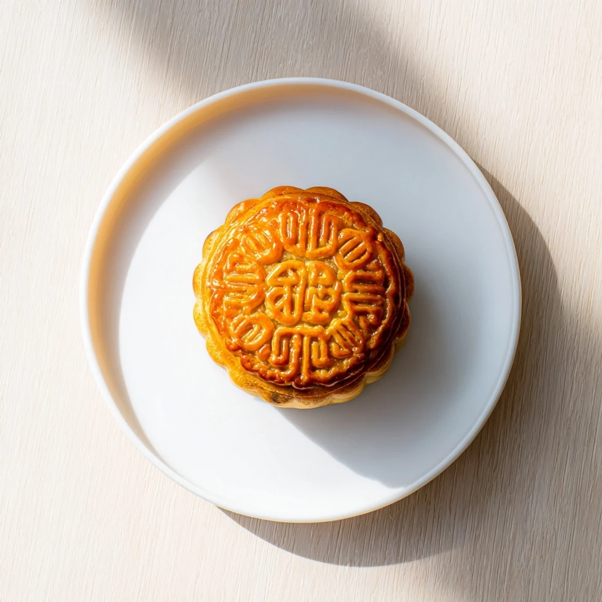 Golden-brown mooncake with lotus seed paste filling, dusted lightly with flour and ready to serve at a festive celebration. 