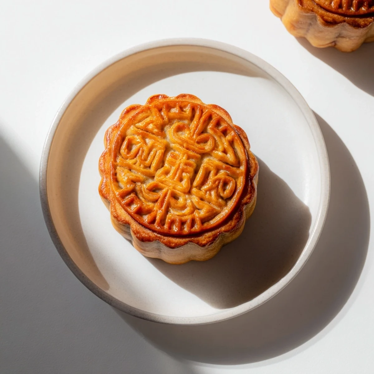 Traditional mooncake with a tender, golden pastry crust, resting on a parchment-lined tray after baking.
