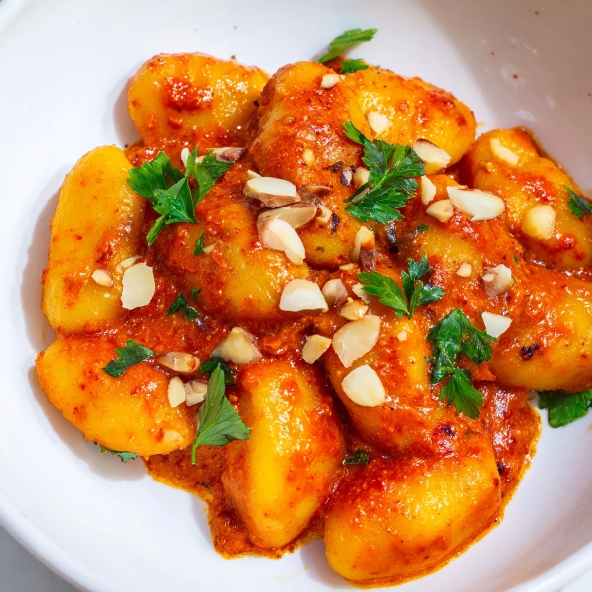 Steam rises from a skillet of golden Gnocchi With Quick Romesco Sauce served with a glass of dry Spanish rosé.