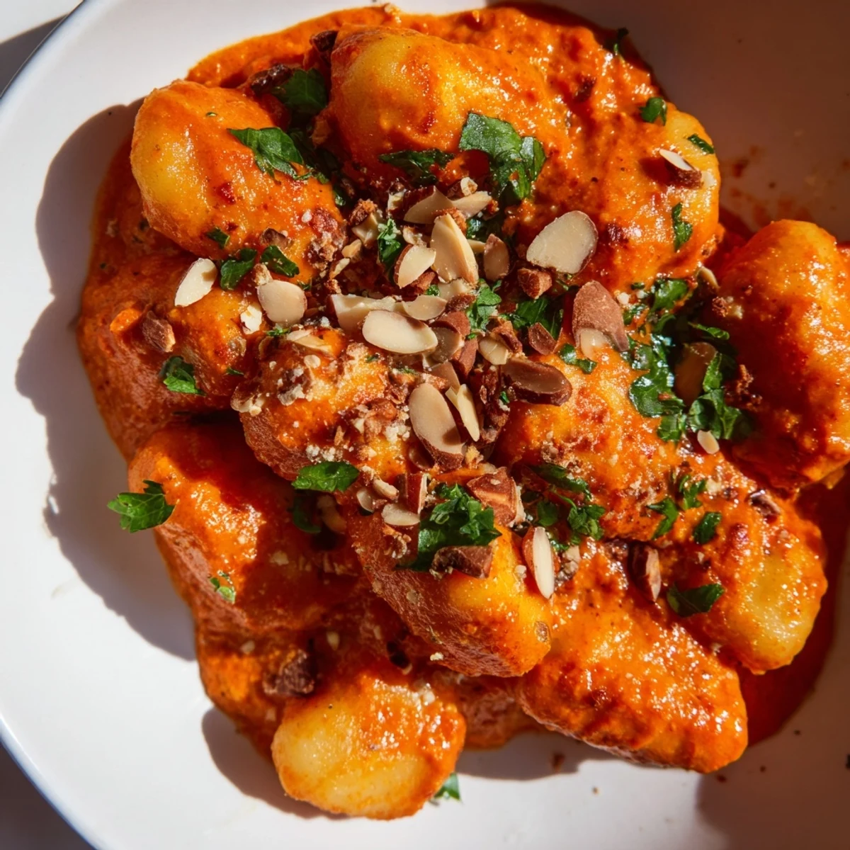 Bright orange Romesco sauce coats pillowy Gnocchi With Quick Romesco Sauce garnished with fresh parsley and grated cheese.