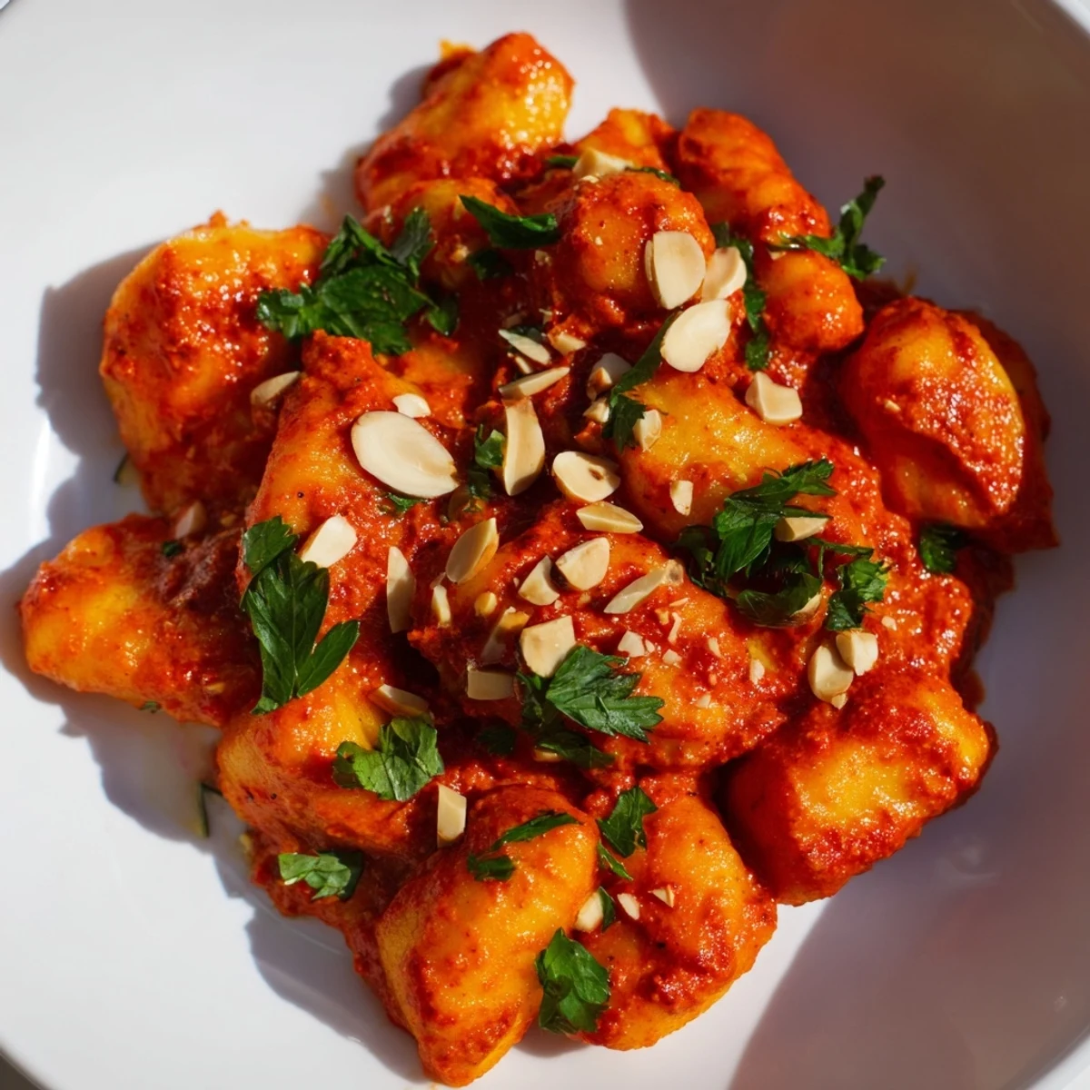 Plated Gnocchi With Quick Romesco Sauce highlights smoky almond and roasted red pepper sauce beside crusty bread for dipping.