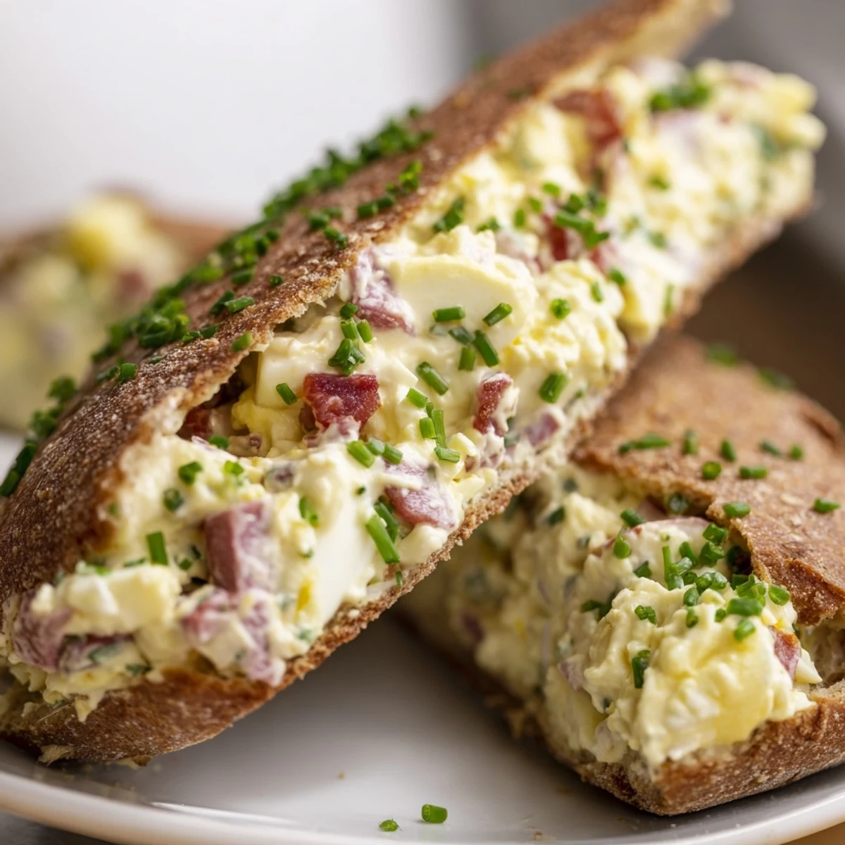 A freshly baked Easter Bunny Cob with Egg Salad sits on a wooden board, garnished with chives. 