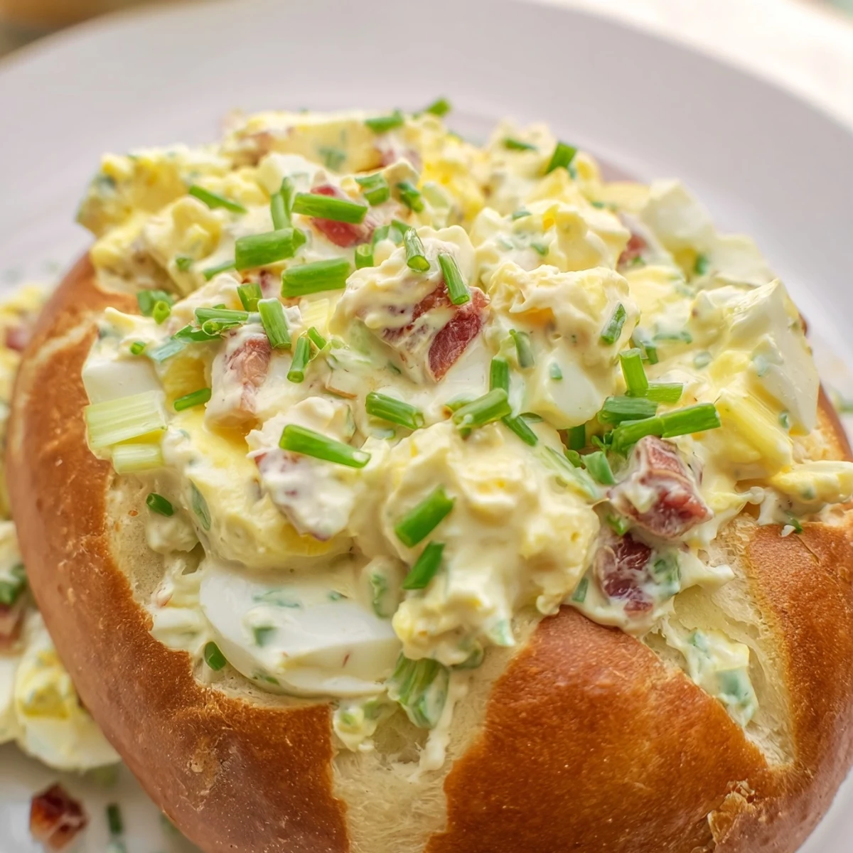 Golden Easter Bunny Cob with Egg Salad served as a festive centerpiece on a spring brunch table. 