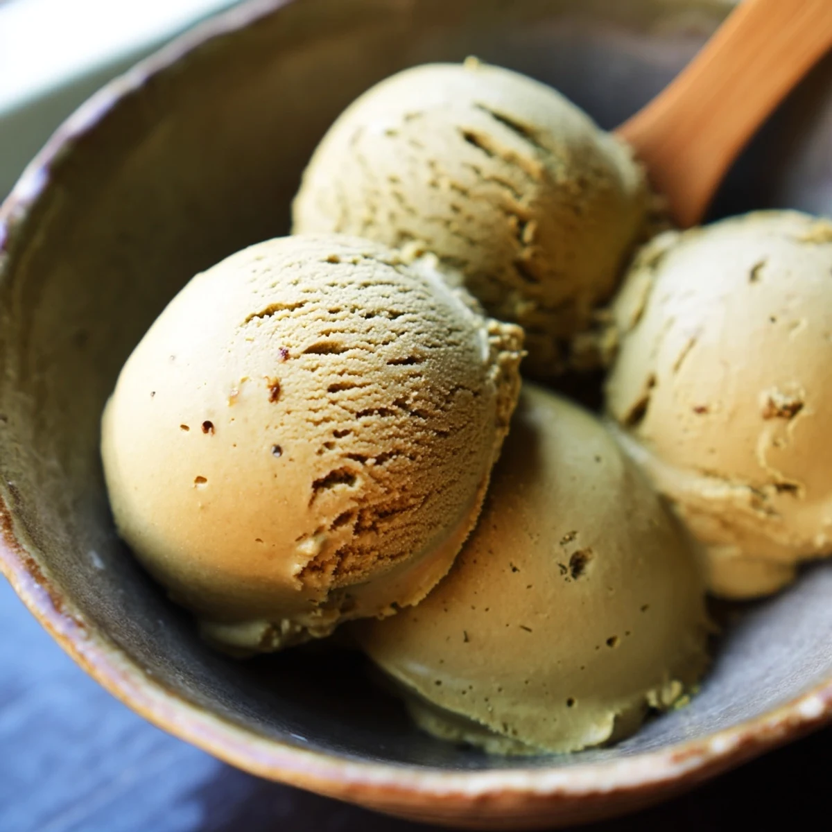 A close-up of rich Hojicha Ice Cream, highlighting its roasted green tea aroma and smooth, creamy texture.