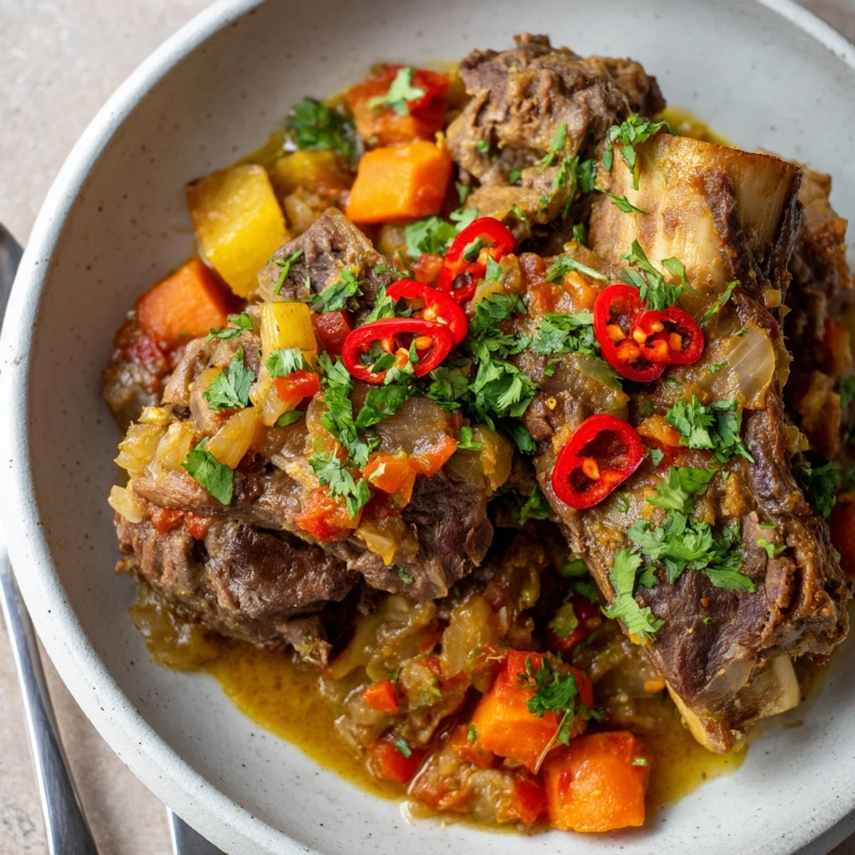 Savory Cambodian Rib Ragu served steaming hot with fresh herbs and jasmine rice.
