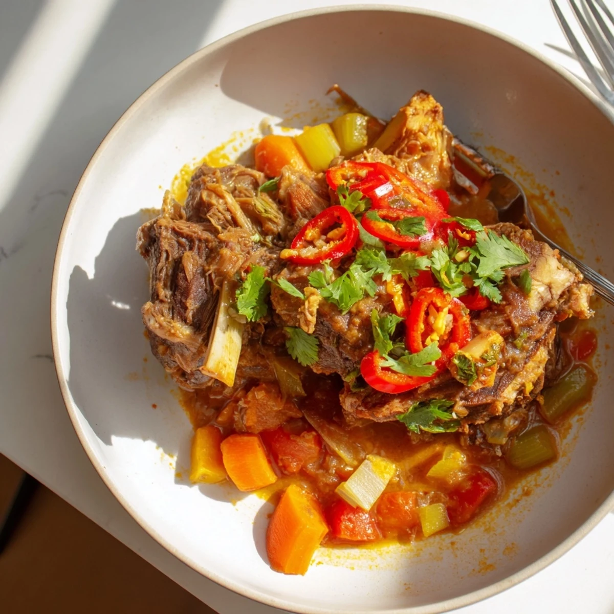 Close up of saucy Cambodian Rib Ragu with bone in ribs in a rustic bowl.