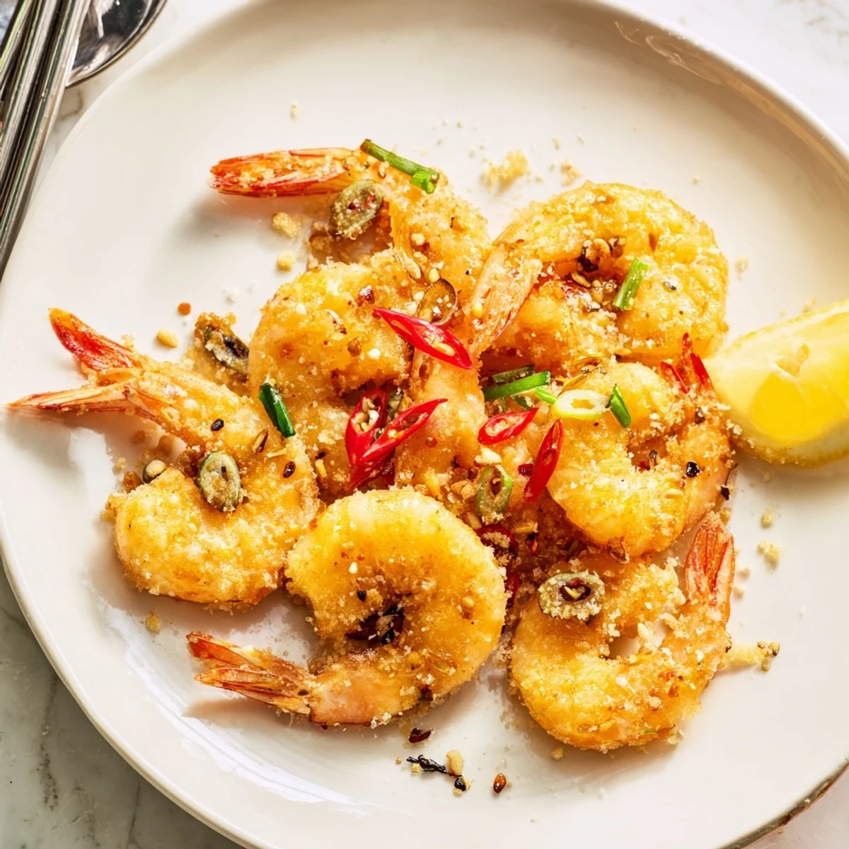 Golden, crispy Salt and Pepper Shrimp piled on a plate, garnished with scallions and lemon wedges.